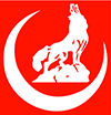 Abgebildet ist das Logo der Ülkücü-Bewegung: Auf rechteckigem rotem Untergrund befindet sich in weißer Farbe eine Mondsichel, die nach oben rechts geöffnet ist. In diese Öffnung eingebettet ist ein Wolf, der mit nach oben gereckter Schnauze einen Heulton ausstößt.