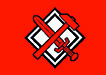 Abgebildet ist das Logo des Antikapitalistischen Kollektivs. Auf einem roten rechteckigen Untergrund befindet sich ein weißes Karo, das schwarz umrahmt ist. Dieses Karo wird teilweise verdeckt von einm Hammer und einem Schwert − beide in roter Farbe −, die sich kreuzen.