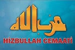 Abgebildet ist das Logo der Türkischen Hizbullah mit dem entsprechenden arabischen Schriftzug, unter dem im Original in türkischer Sprache in Großbuchstaben steht: Hizbullah Gemeinschaft.